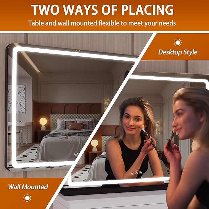 Hasipu Vanity Mirror with Lights, 31.5" x 22" LED Makeup Mirror, Lighted Makeup Mirror with Dimmable 3 Modes, Touch Screen Control Vanity Mirror Round Black