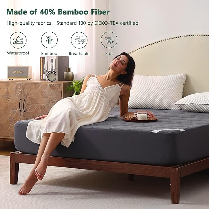 Full Size Waterproof Mattress Protector, 40% Rayon Derived from Bamboo Grey Mattress Pad Cover, 3D Air Fabric Breathable Mattress Pad Fitted with Deep Pocket 6"- 15" Machine Washable