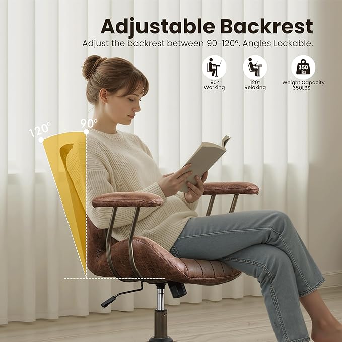 Home Office Desk Chair, Mid-Century Modern Office Chair with Adjustable Lumbar Support, Adjustable Height Executive Chair with 360 Rolling Swivel for Meeting Study Room(Mid Back, Dark Brown)