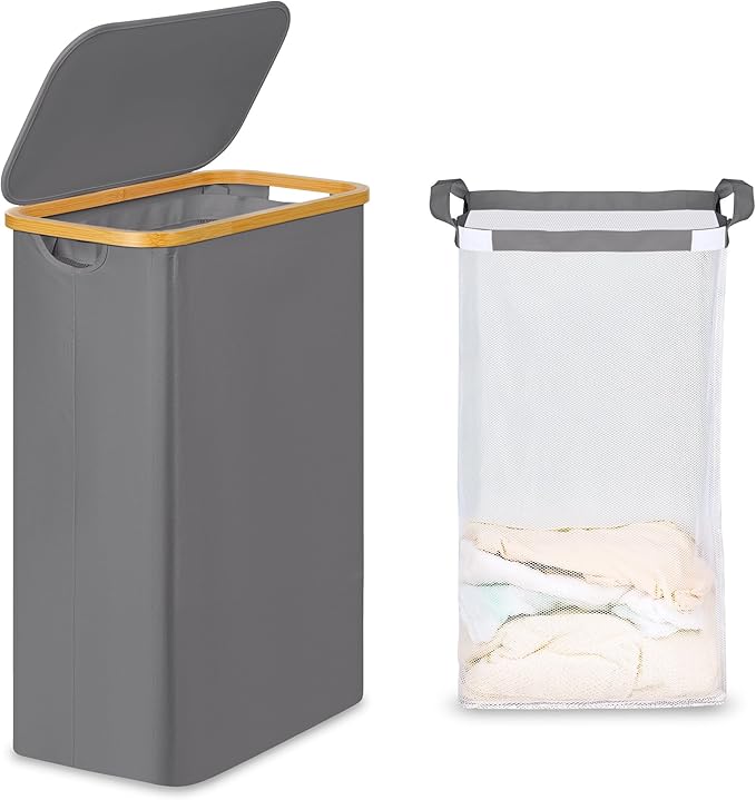 efluky Slim Laundry Basket with Lid, Narrow Laundry Hamper with Removable Bag, Skinny Dirty Clothes Basket with Bamboo Handles for Bathroom, Bedroom & Laundry Room, 65L Grey