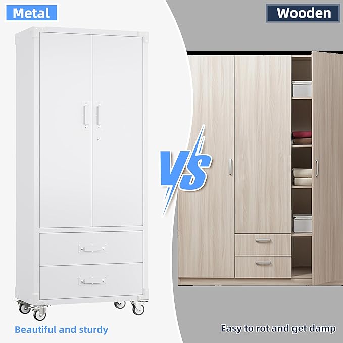 SUXXAN Rolling Storage Cabinet with 2 Doors and 2 Drawers, Heavy Duty Metal Storage Cabinet with Shelves, Locking Steel Cabinet for Warehouse, Home, Office (White)