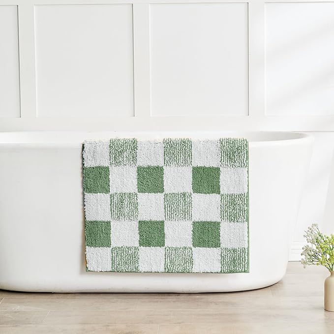 CozeCube Bath mats for Bathroom Non Slip, Fluffy Absorbent Microfiber Bath mat Washable, Aesthetic Bathroom Rugs, Large Sage Green Checkered Bath mat, Sage Green, 36" x 24"