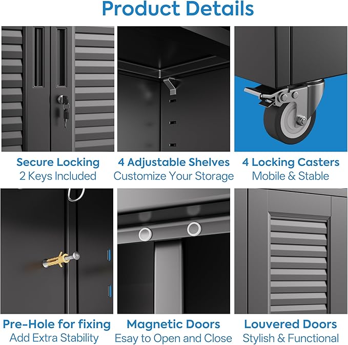 SUXXAN Broom Closet with Wheels 71"x 31.5"x15.75", Metal Cleaning Cabinets with Louvered Doors Hooks and Hanging Rods, Lockable Cabinet with Pegboard, Adjustable Shelf,for Garage, Laundry Room