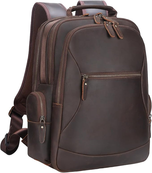 TIDING Vintage Full Grain Leather 15.6 Inch Laptop Backpack for Men Large Capacity Travel Rucksack Weekender Camping Daypacks