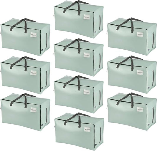 VENO 10 Pack Moving Bags and Large Christmas Decoration Storage Bins with lids. Alternative to Moving Boxes, Packing Supplies for College. Heavy Duty Totes (Shiny Light Green, 10 Pack)