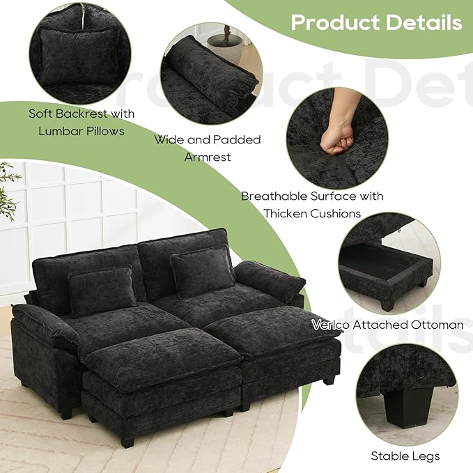 86" Modular Sectional Sofa, Comfy Cloud Couch Sectional Sofa with Ottoman, Chenille Sofa Sleeper Deep Seat Sofa with Throw Pillows for Living Room (Black)