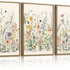 BINCUE Wildflower Wall Art Large Floral Wall Painting Neutral Print Pictures Decor for Living Room Bedroom Bathroom 3 Panel 36x24 Inches