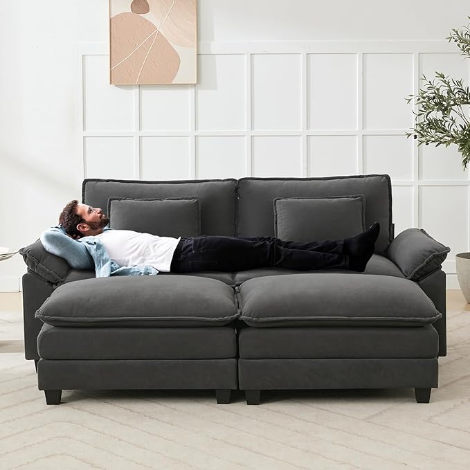 86" Modular Sectional Sofa, Comfy Cloud Couch Sectional Sofa with Ottoman, Velvet Sofa Sleeper Deep Seat Sofa with Throw Pillows for Living Room (Blue Grey)