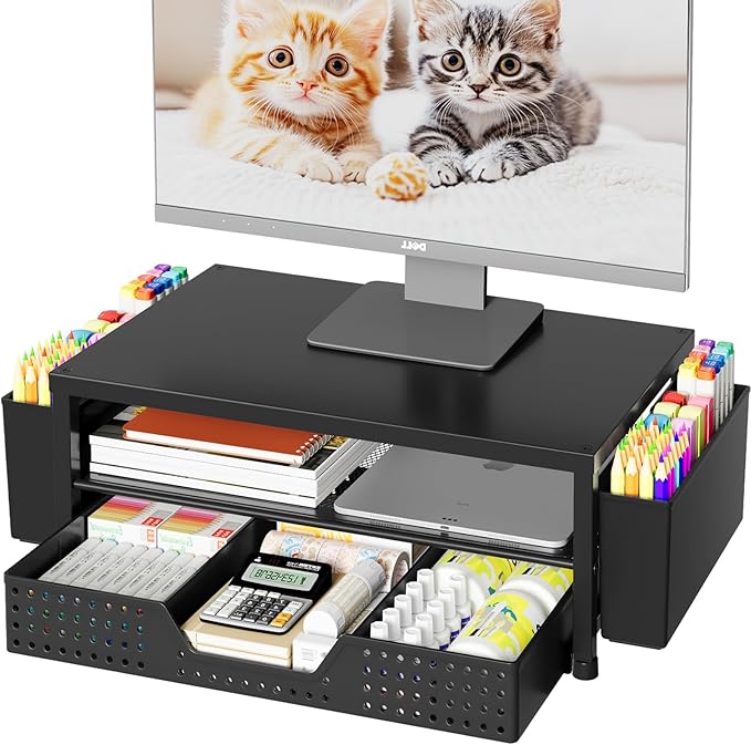 OPNICE Desk Organizer and Accessories, 2-Tier Computer Monitor Stand Riser with Drawer and 2 Pen Holders, Laptop Stand, Office Desk Accessories for Office Supplies, Black – Hot Seller