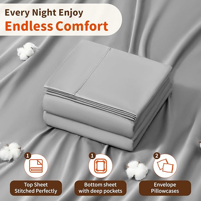 LBRO2M 1000 Thread Count 100% Egyptian Cotton Sheets Set,Queen Size Bed Sheet 4 Piece Sets,Long Staple,16 Inches Deep Pocket,All Season,Bedding Super Soft Comforterble Breathable,Sateen Weave (Grey)