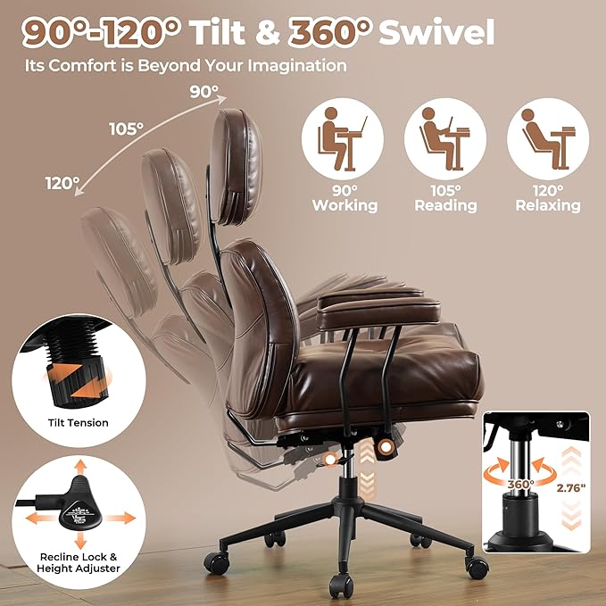 ovios Ergonomic Office Chair, High Back Faux Leather Executive Chairs with Thick Cushion, Comfy High-Century Modern Swivel Rolling Computer Armchair (Dark Brown, PU Leather)