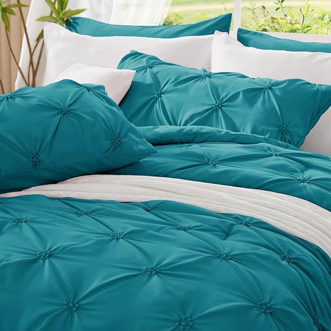 BEDELITE Teal Queen Comforter Set - 3 Pieces Boho Pintuck Bedding Comforter Sets, Lightweight Soft & Warm Bed Comforter Queen with 2 Pillowcases for All Season