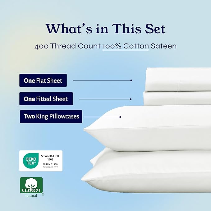 California Design Den King Bed Sheets Set - Soft 400 Thread Count Sateen, Natural 100% Cotton Sheets, Deep Pockets, All Around Elastic for a Snug Fit, Durable Bedding Set - Ivory (Pale Tone) CaliforniaDesignDen
