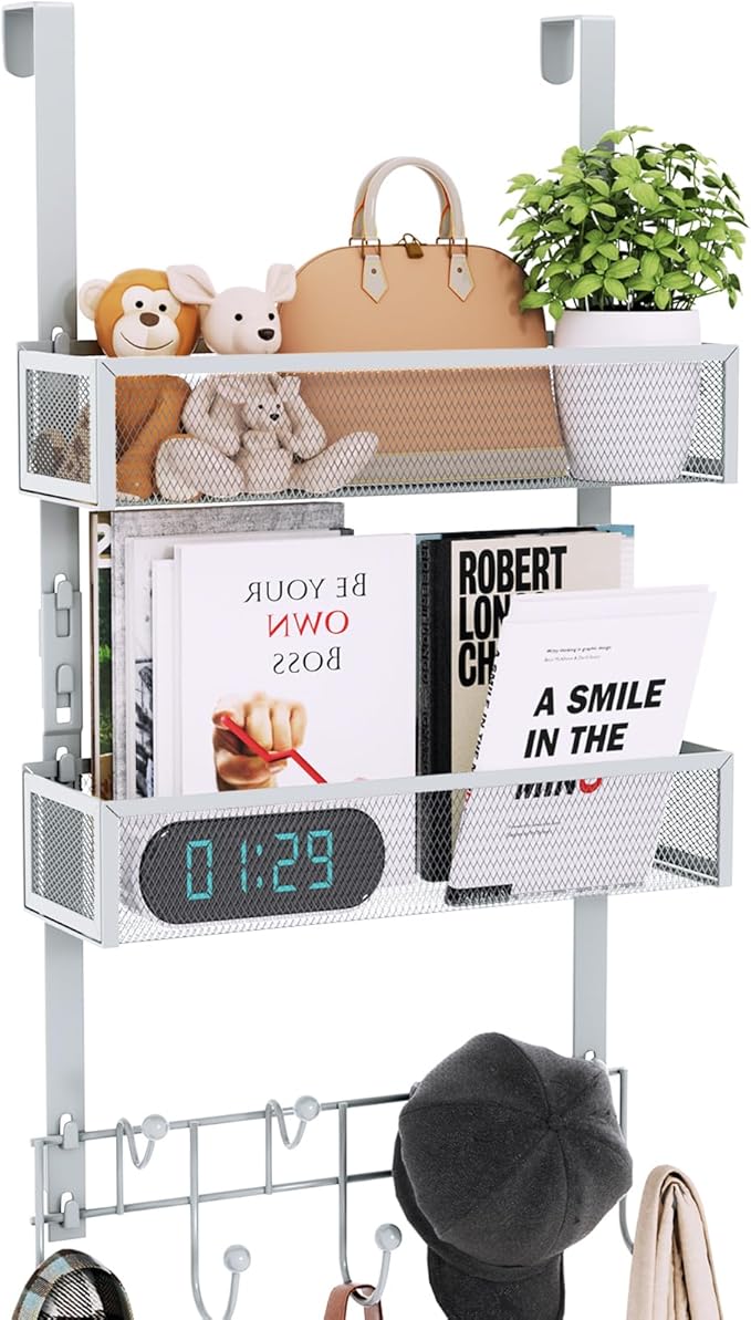 Consumest Over The Door Hooks Organizer - Extra Long Door Hanger with 9 Coat Hooks & 2 Mesh Basket, Back Storage Organizer Hanging Towels for Bathroom, Bedroom, Silver (for 1.76 in Doors)