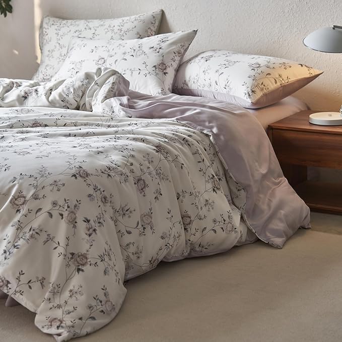 mixinni Elegant Floral Duvet Cover Set Full Size 3 Piece Soft Comfy Naturally Lyocell Vintage Style Purple Flower Leaves Bedding Set 1 Duvet Cover with 2 Pillowcases, Ultra-Breathable-Full Size