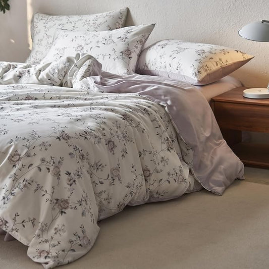 mixinni Elegant Floral Duvet Cover Set Full Size 3 Piece Soft Comfy Naturally Lyocell Vintage Style Purple Flower Leaves Bedding Set 1 Duvet Cover with 2 Pillowcases, Ultra-Breathable-Full Size