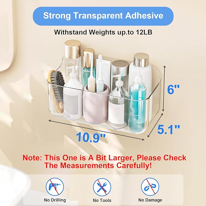 Diesisa Acrylic Wall Mount Organizer - 10.6" D x 5" W x 6" H, Large Size Adhesive Wall Self - Shower Caddies Organizer - Bathroom Shelves with Self Adhesive Tape for Bathroom, Kitchen - Large Size