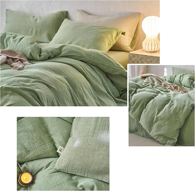 Green Duvet Cover Queen Size-Ultra-Soft, Breathable & Lightweight Muslin Cotton Linen Like Gauze Textured Comforter Cover with Zipper Closure Minimalist Duvet Cover Set- 90"x90",Mint Green