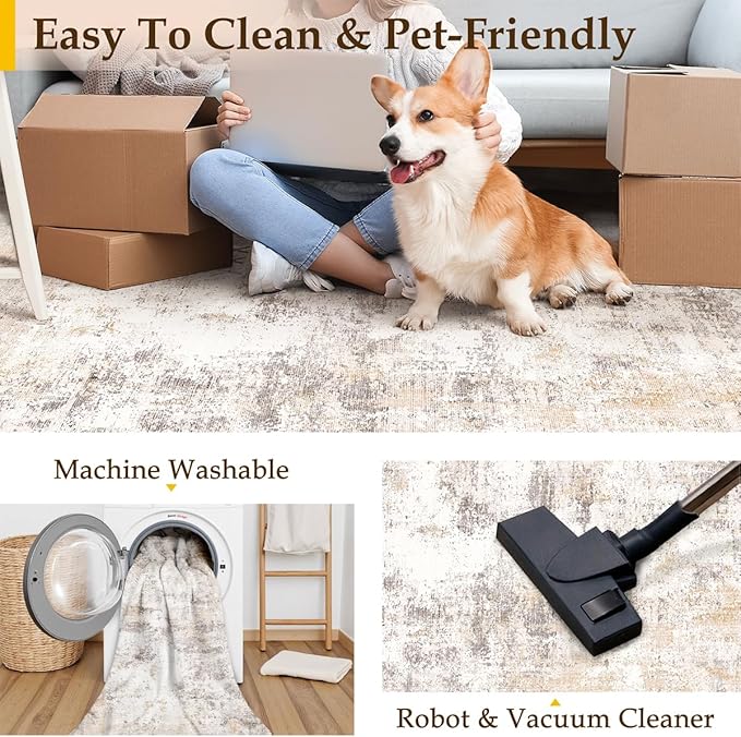 3x8 Washable Runner Rug Beige Grey Abstract Hallway Kitchen Throw Rug Neutral Modern Non Slip Soft Low Pile Carpet for Bathroom Laundry Bedroom Living Room