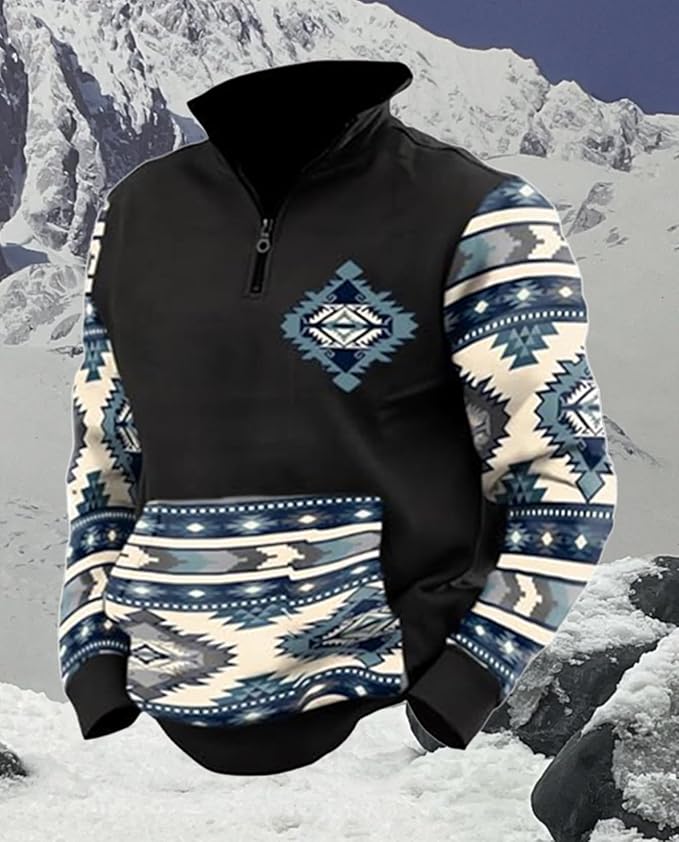 Western Sweatshirts for Men Aztec Cowboy Vintage Graphic Fleece Hoodie Mens Quarter Zip Pullover Country Jacket