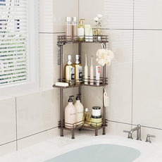 Consumest Corner Shower Caddy Standing - 3-Tier Stainless Steel Shower Organizer with Soap Holder and 4 Hooks, Large Capacity Corner Shelf Stand for Bathroom, Rest Room, Bronze