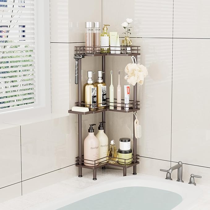 Consumest Corner Shower Caddy Standing - 3-Tier Stainless Steel Shower Organizer with Soap Holder and 4 Hooks, Large Capacity Corner Shelf Stand for Bathroom, Rest Room, Bronze