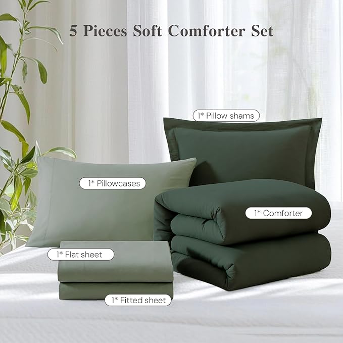 WRENSONGE Twin Comforter Set- 5 Pieces Deep Forest Twin Bed in a Bag, All Season Twin XL Bedding Sets with 1 Fitted Sheet, 1 Flat Sheet, 1 Pillow Sham and 1 Pillowcase