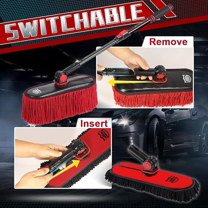 2In1|2MOPS(Car Wash Brush Mop*1 & Car Duster Mop*1) with 1 Long Handle|Microfiber Car Brushes for Washing Exterior,Car Wash Accessories Scratch Free,Car Wash Mop for Rv Truck Boat