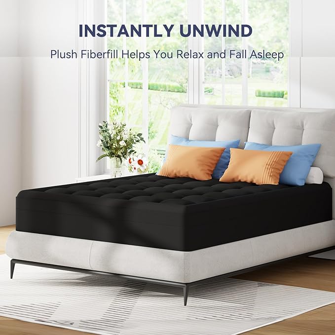 ELEMUSE Dual Layer 3 Inch Memory Foam Mattress Topper Queen Size, 2 Inch Cooling Gel Memory Foam Plus 1 Inch Down Alternative Pillowtop Mattress Pad with Cooling Cover, Soft Comfort Support,Black