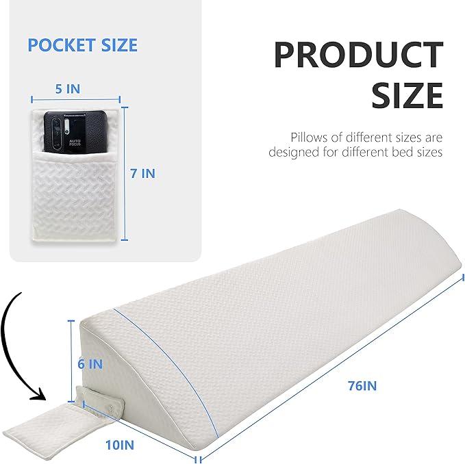 Bed Wedge Pillow for Headboard Gap Bed Mattress Gap Filler (0-8") Between Headboard/Wall and Mattress White King Size Foam Support Triangle Bloster Pillow Stoppers with 2 Pockets
