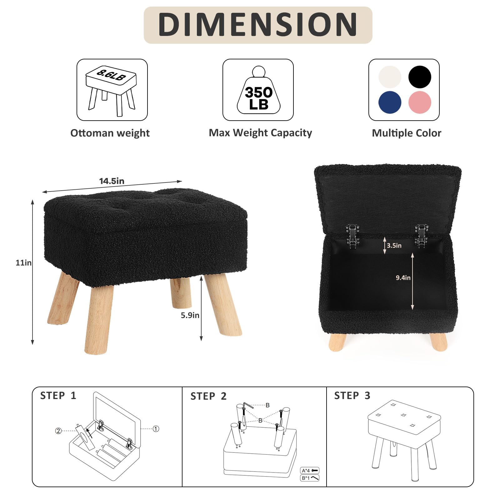 OGEMXU Storage Ottoman, Small Foot Stool Ottoman with Storage, Boucle Teddy Velvet Foot Rest with Padded Seat, Sturdy Wood Legs Stool for Living Room, Bedroom, Couch, Enterway (Cream) Dormly