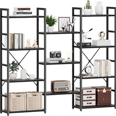 NUMENN Triple Wide 4 Tier Bookshelf, Adjustable Rustic Industrial Style Bookcases with 11 Open Display Shelves, Modern Tall Bookcase Furniture for Bedroom, Living Room and Home Office, Black