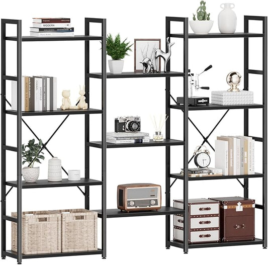 NUMENN Triple Wide 4 Tier Bookshelf, Adjustable Rustic Industrial Style Bookcases with 11 Open Display Shelves, Modern Tall Bookcase Furniture for Bedroom, Living Room and Home Office, Black