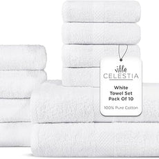 100% Combed Cotton Bathroom Towel Set of 10-2 Bath Towels, 4 Hand Towels, 4 Wash Cloths, Sustainable, Soft, Highly Absorbent 10 Piece Cotton Bath Towel Set Ideal for Hotels, Spa, Bathroom, Dorm, White