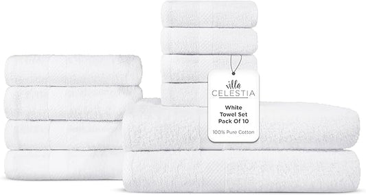 100% Combed Cotton Bathroom Towel Set of 10-2 Bath Towels, 4 Hand Towels, 4 Wash Cloths, Sustainable, Soft, Highly Absorbent 10 Piece Cotton Bath Towel Set Ideal for Hotels, Spa, Bathroom, Dorm, White