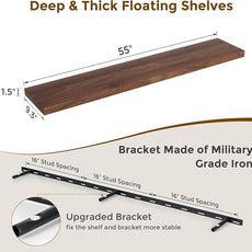 Fun Memories 55 Inch Floating Shelves for Wall, 55x9.3 Large Floating Shelf for Bedroom, Kitchen, Bathroom, Wall Mounted Rustic Wood Shelves with Invisible Bracket for Books, Decor, Walnut