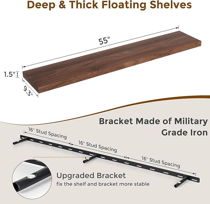 Fun Memories 55 Inch Floating Shelves for Wall, 55x9.3 Large Floating Shelf for Bedroom, Kitchen, Bathroom, Wall Mounted Rustic Wood Shelves with Invisible Bracket for Books, Decor, Walnut