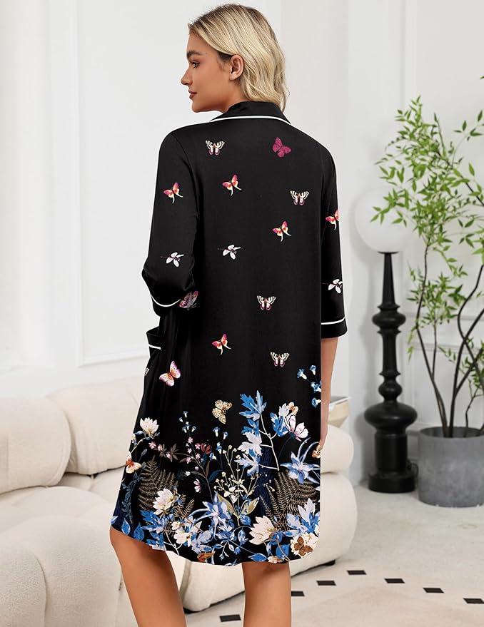 Ekouaer Zipper Robes for Women 3/4 Sleeve Housecoats Knee Length Bathrobe Lightweight Nightgown with Pockets S-3XL