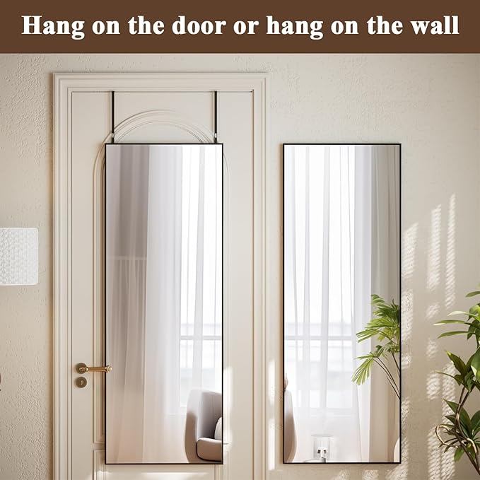 VooBang 14" x 48" Adjustable Height Over The Door Mirror - Rectangular Full Length Hanging Door Mirror with Shatterproof Tempered Glass Black Metal Frame for Dormitory