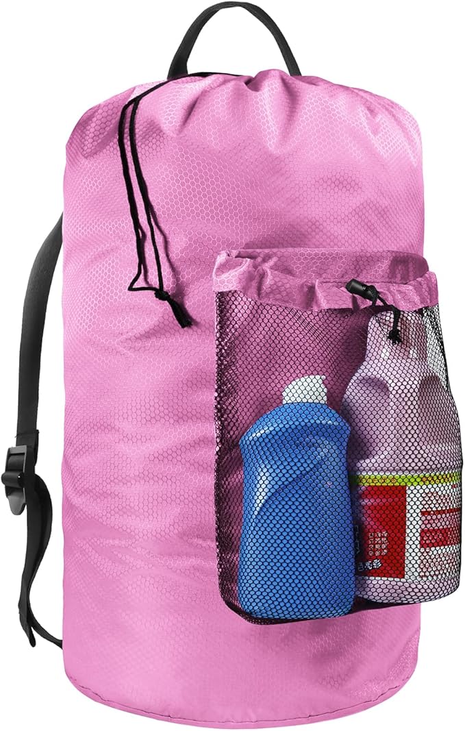 Laundry Bag with Shoulder Straps and Mesh Pocket Laundry Backpack Large Portable Laundry Hamper for College Laundromat Apartment