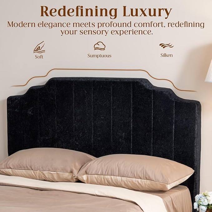Queen Headboard Only - Black Velvet Upholstered Headboard for Bed, No Assembly Required, Pure Sponge Design, Place Between Bed & Wall, Vertical Stripe with Stepped Crown Top Edge