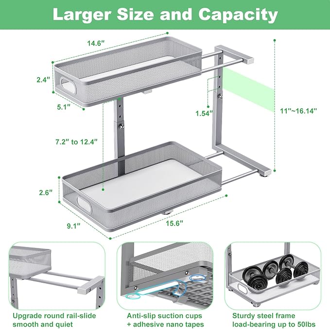 Uder Sink Organizer, High Adjustable 2 Tier Under Sink Organizers and Storage, Slide Out Metal Cabinet Organizers, Pull Out Sink Storage Drawer Shelf for Kitchen Bathroom Cabinet, Grey, 2 Pack