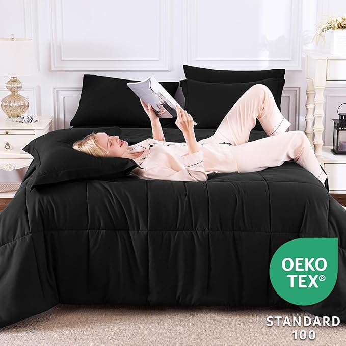 CozyLux Twin XL Comforter Set Black - 5 Pieces Twin XL Bed in a Bag Set, Soft Bedding Sets Bed Set Extra Long for All Season with Comforter, Flat Sheets, Fitted Sheet, Pillowcase &Pillow Sham
