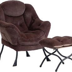 HollyHOME Lazy Chair with Foldable Ottoman, Accent Comfy Lounge Armchair and Folding Footrest Stool, Leisure Sofa Reading Chair and Footstool for Living Room, Bedroom, Dorm,Faux Fur Dark Coffee