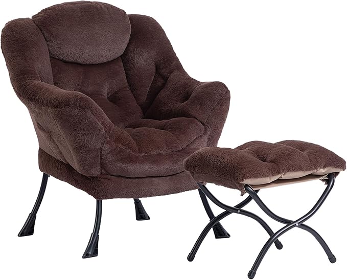 HollyHOME Lazy Chair with Foldable Ottoman, Accent Comfy Lounge Armchair and Folding Footrest Stool, Leisure Sofa Reading Chair and Footstool for Living Room, Bedroom, Dorm,Faux Fur Dark Coffee