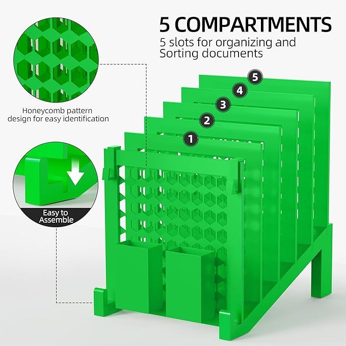 File Organizer for Desk with Storage Box & Hook, Inclined Desk File Organizer with 5-Section Vertical File Holder suitable for Home Office Document Organization(Dark Green01)