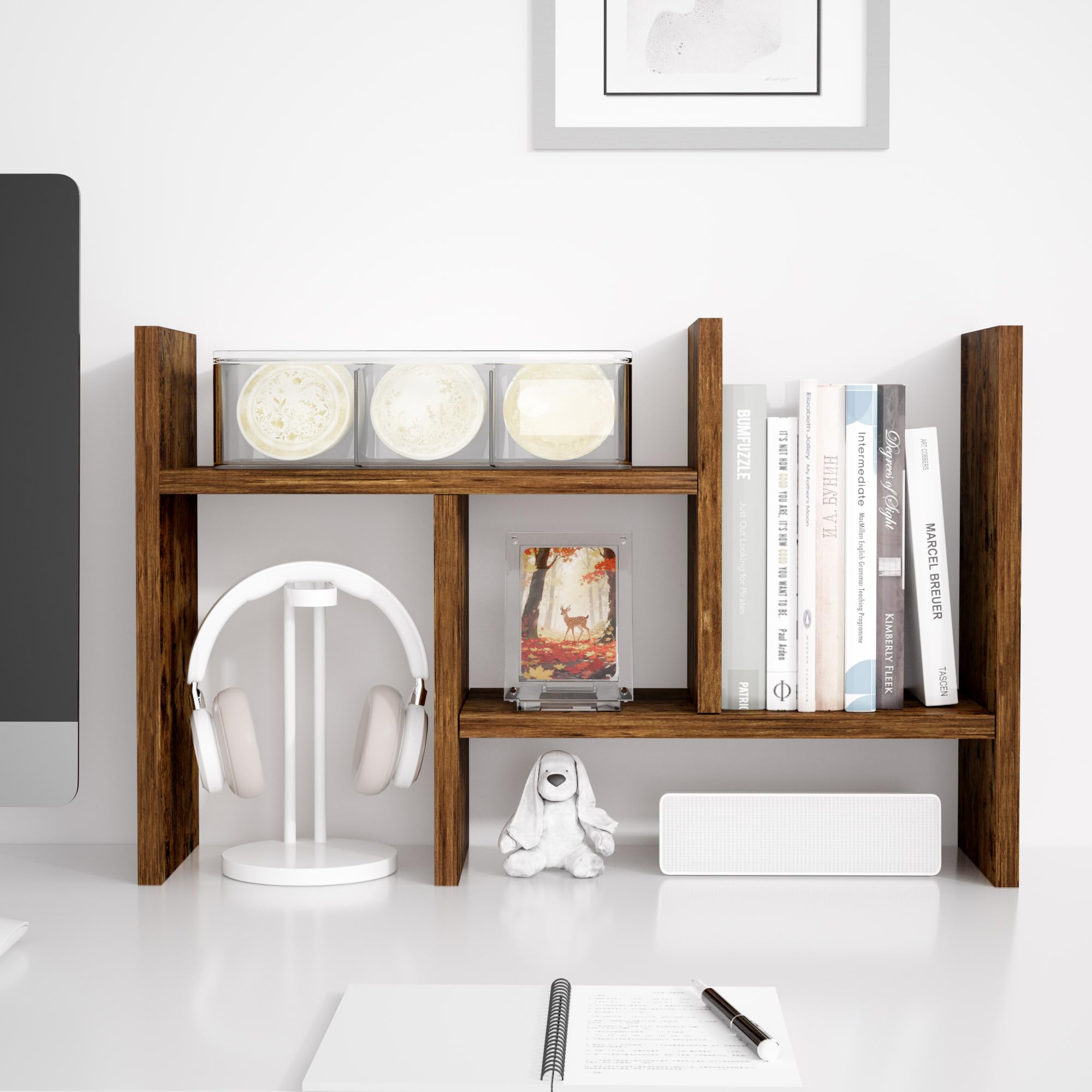 Jerry & Maggie Desktop Organizer Office Storage Rack Adjustable Wood Display Shelf Free Style Double H, Multi-Functional Mini Bookshelf for Desk Natural Stand (Violet) Dormly