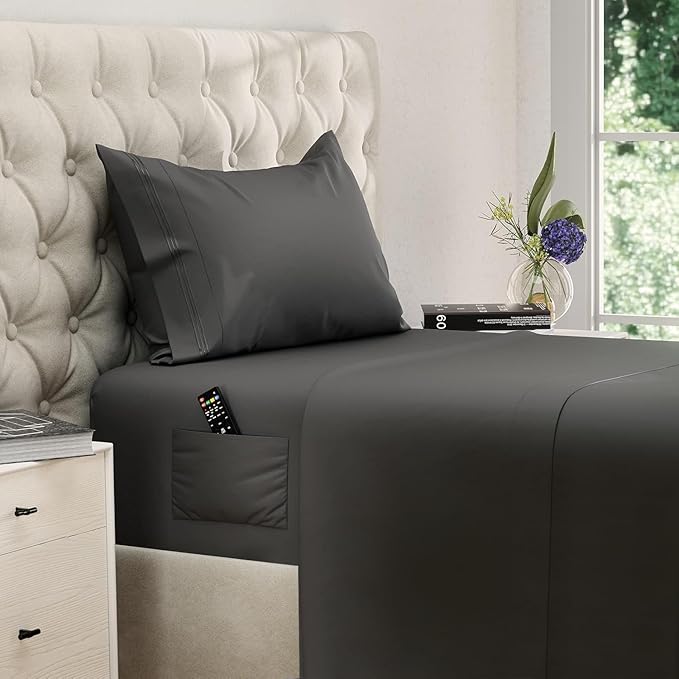 DREAMCARE Twin XL Sheet Sets – 3pcs Cooling Sheets – up to 15” Deep Pocket Twin XL Sheets Set – Hotel Luxury Sheets & Pillowcases – Superior Softness 100% Fine Microfiber with Side Pocket – Gray DREAMCARE