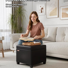 17.7 inches Synthetic Leather turfed Ottomans Cube with Storage, Metal-Framed Square Storage Ottoman Foot Rest Stool Holds 770 LB for Dorm Living Room Bedroom Black UASND63B