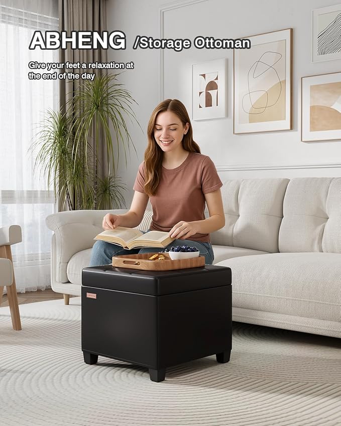 17.7 inches Synthetic Leather turfed Ottomans Cube with Storage, Metal-Framed Square Storage Ottoman Foot Rest Stool Holds 770 LB for Dorm Living Room Bedroom Black UASND63B